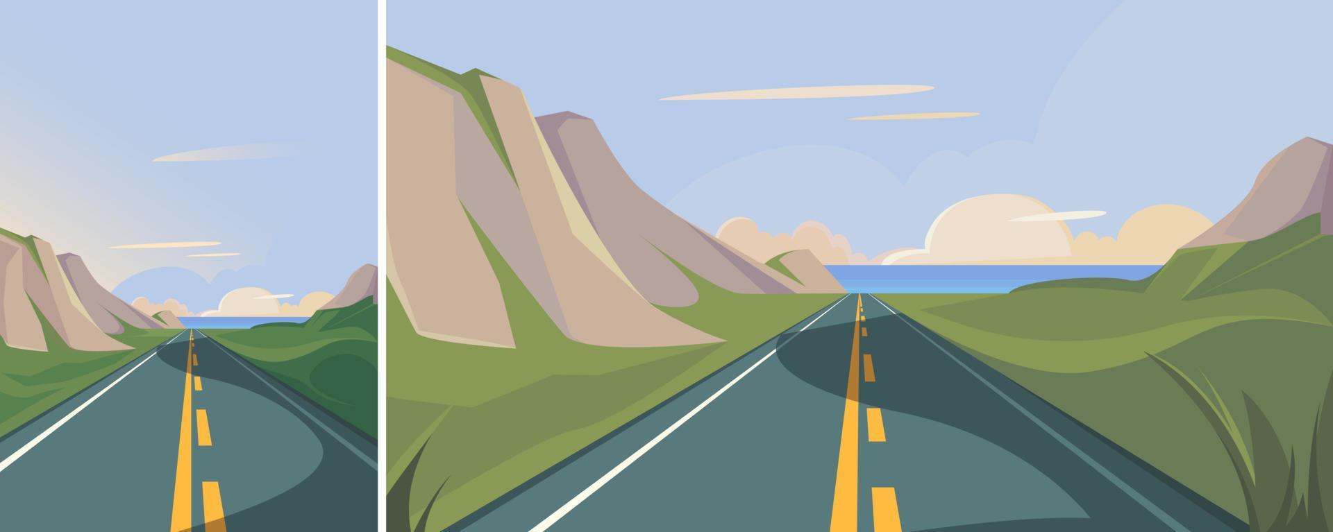 Highway leading to the ocean. Outdoor scene in different formats. vector