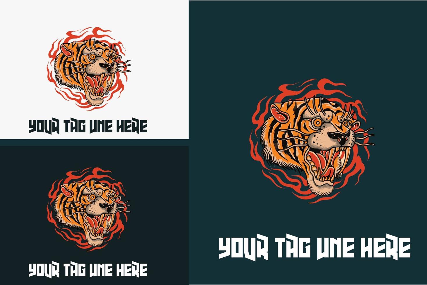 Cabeza de tigre con llamas, diseño de ilustraciones vectoriales vector