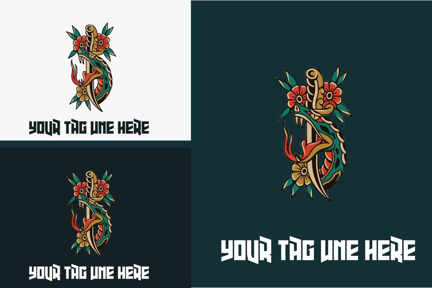 snake head wrapped around knife and rose vector design