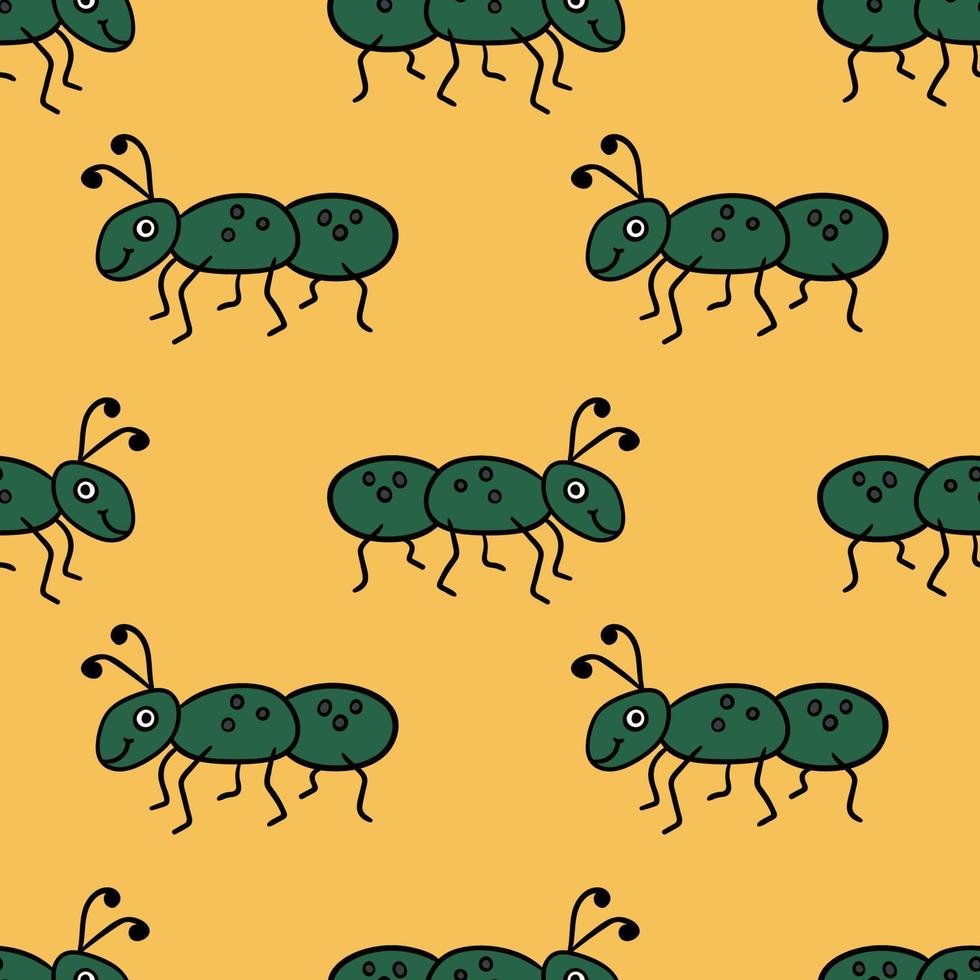 Seamless pattern with cute cartoon doodle linear ant isolated on background. vector