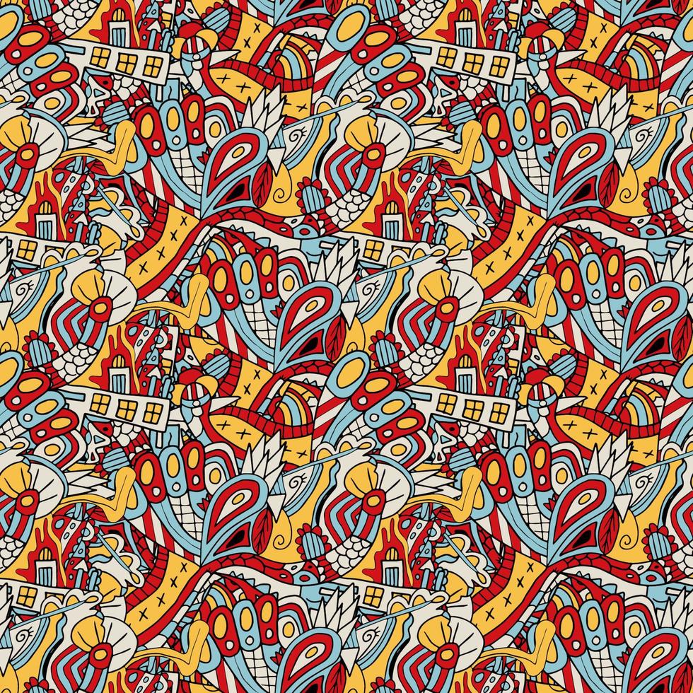 Cute abstract doodle artistic sketch seamless pattern.  Background with crazy messy doodle art with different shapes, curls. Fantasy texture, textile, wrap, fabric. vector