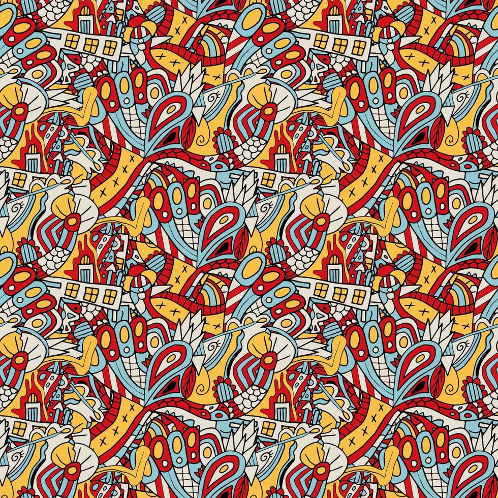 lindo doodle abstracto dibujo artístico de patrones sin fisuras. fondo con arte de garabatos loco y desordenado con diferentes formas, rizos. textura de fantasía, textil, envoltura, tela. vector