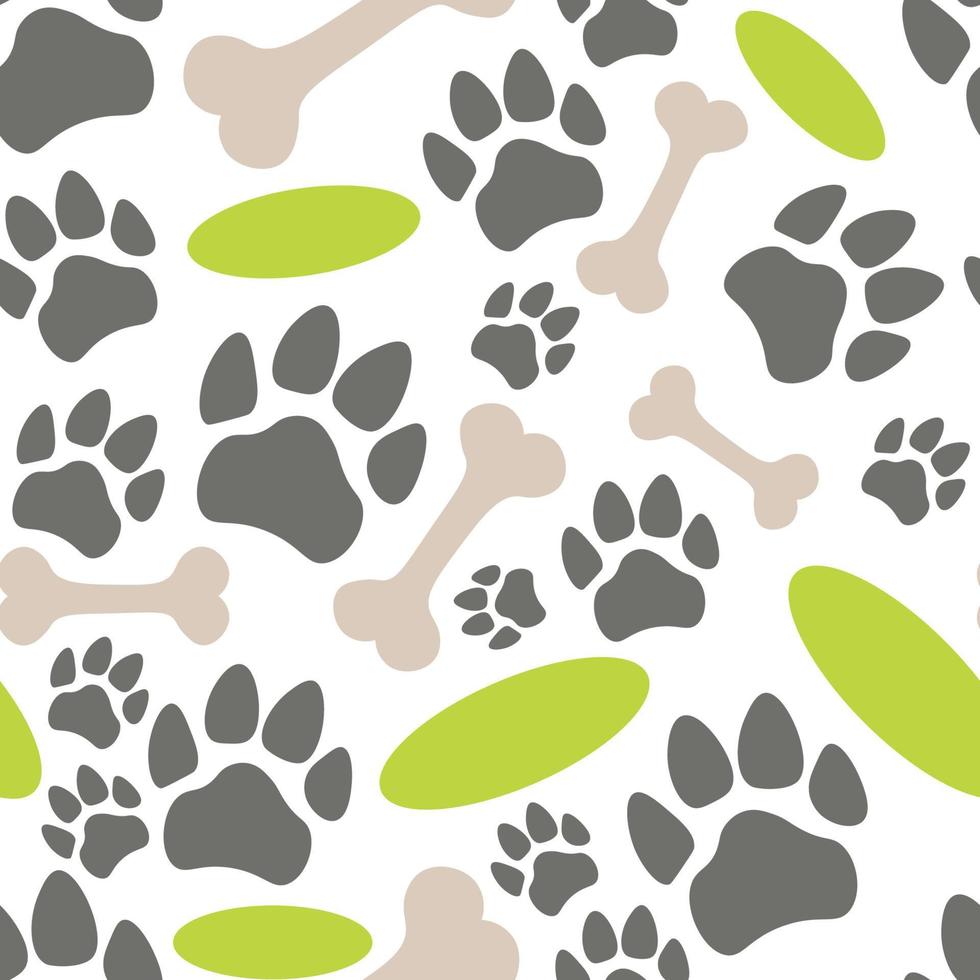 patrón de pata de mascotas. huesos, platillo volador y huellas de animales textura sin fisuras. fondo de la tienda de mascotas. vector