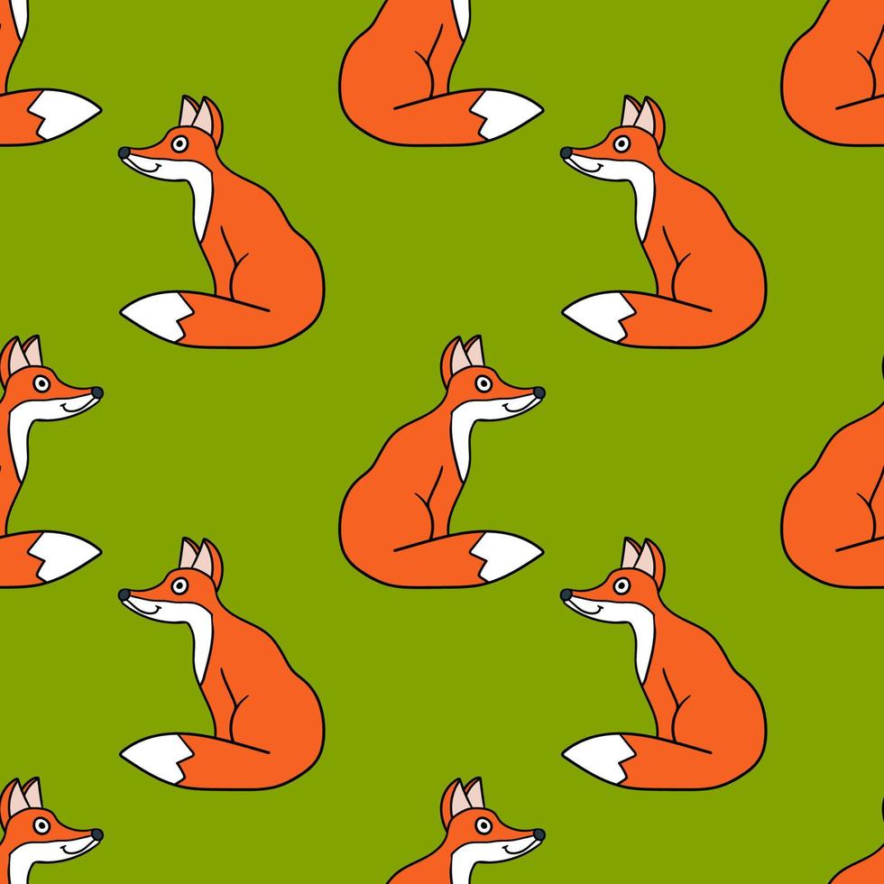 Seamless pattern with cartoon doodle linear fox isolated on background. vector