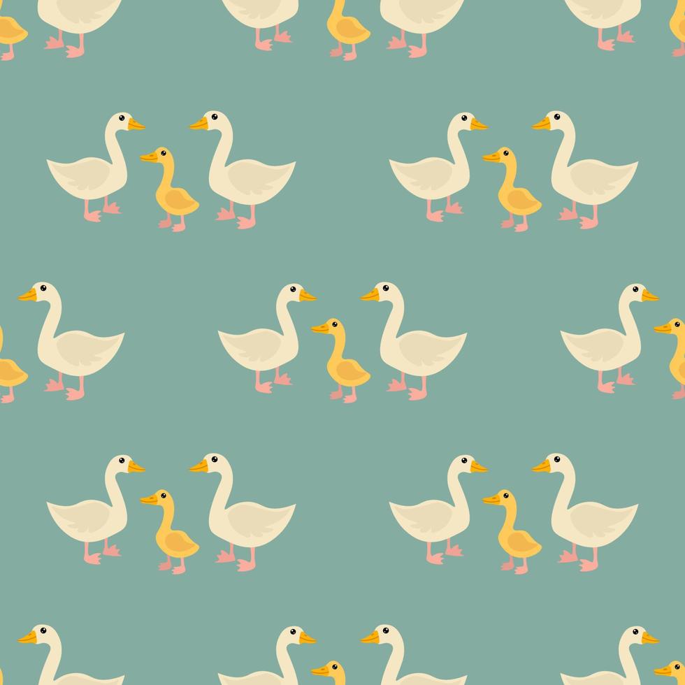 Cartoon cute goose and gosling family in flat style seamless pattern. Farm animal background. vector