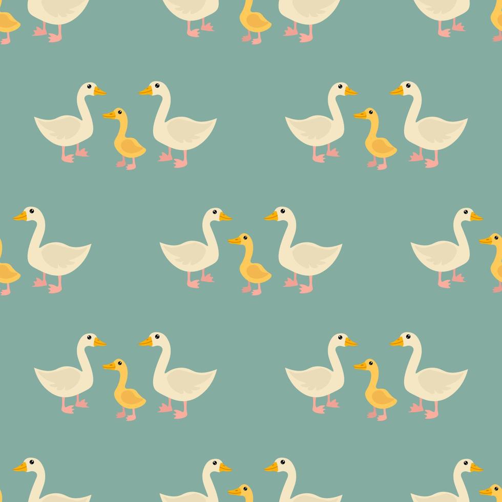 Cartoon cute goose and gosling family in flat style seamless pattern. Farm animal background. vector