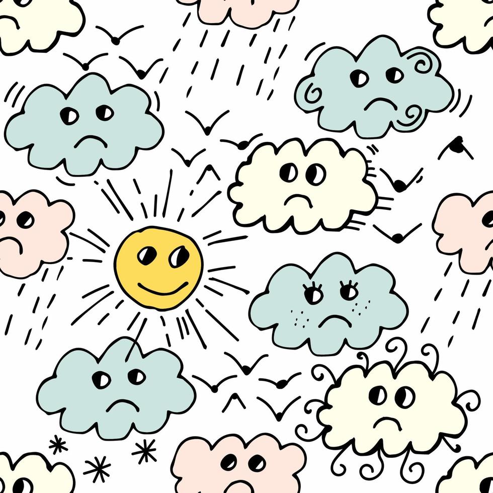 Seamless pattern with sun, cloud, rain, bird on white background. Cartoon weather background. vector