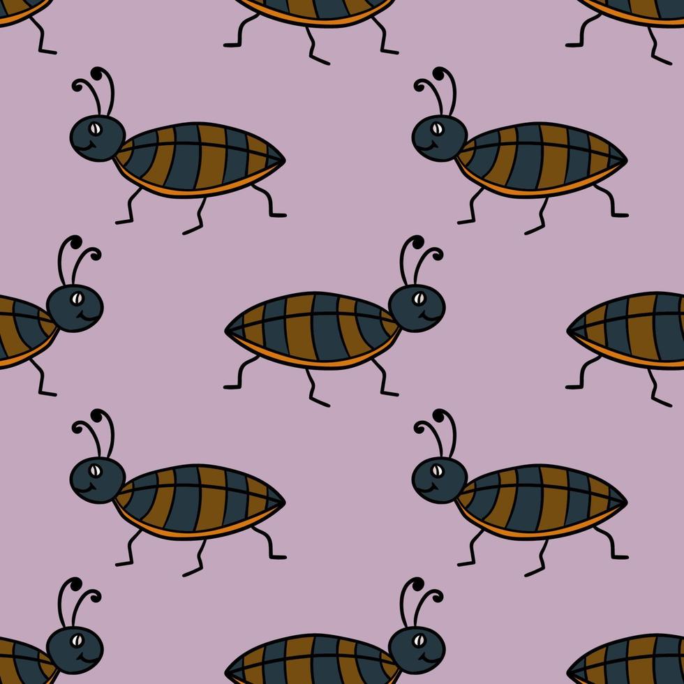 Seamless pattern with cute cartoon doodle linear bug, cockroach isolated on background. vector