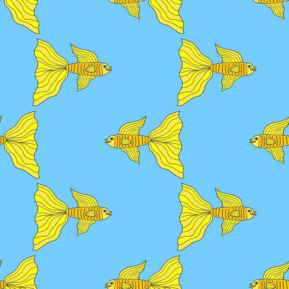 Lindo pez dorado de dibujos animados coloridos en patrón sin costuras estilo doodle. vida oceánica tropical. papel de envolver animales. vector