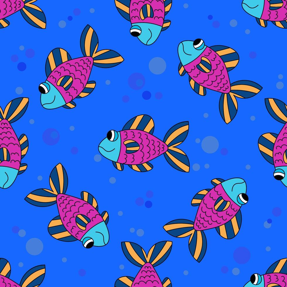 Cute colorful cartoon fish seamless pattern. Tropical ocean life. Animal wrapping paper. vector