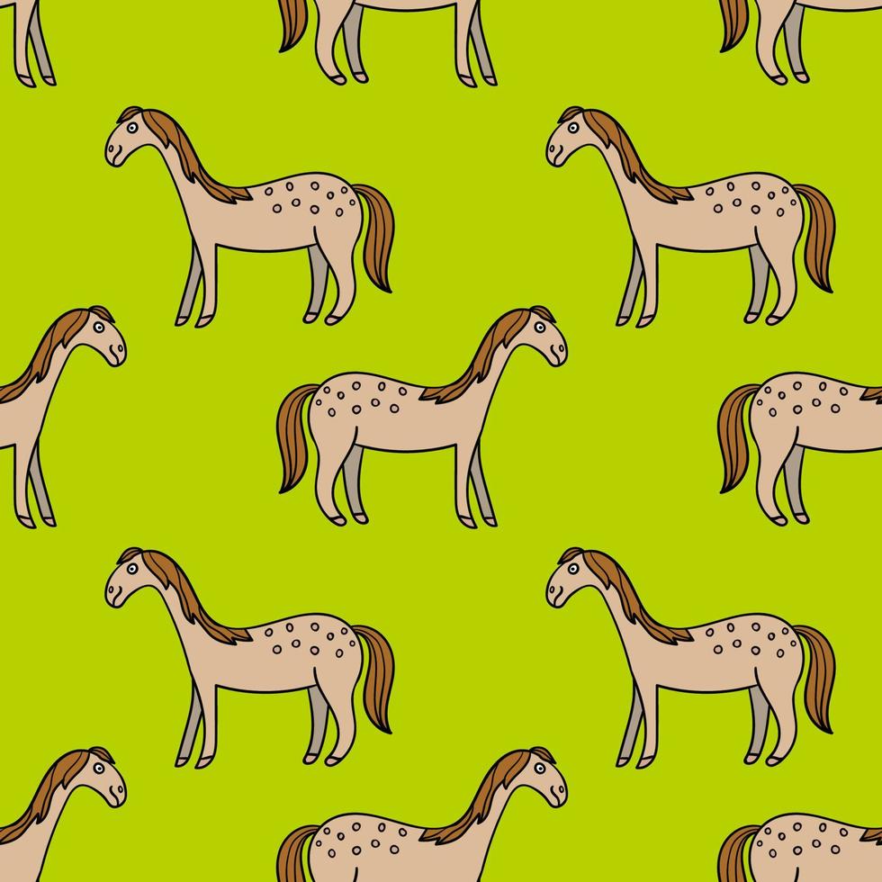 Cute colorful seamless pattern with hand drawn smiling horse with thin line contour isolated on green background. vector