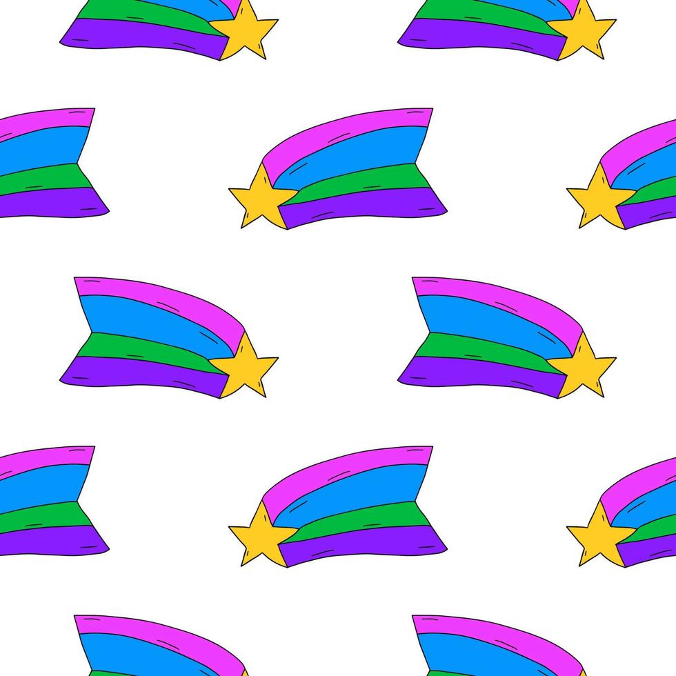 Cute cartoon falling star in doodle style seamless pattern. Abstract background with celestial shapes, comet. vector
