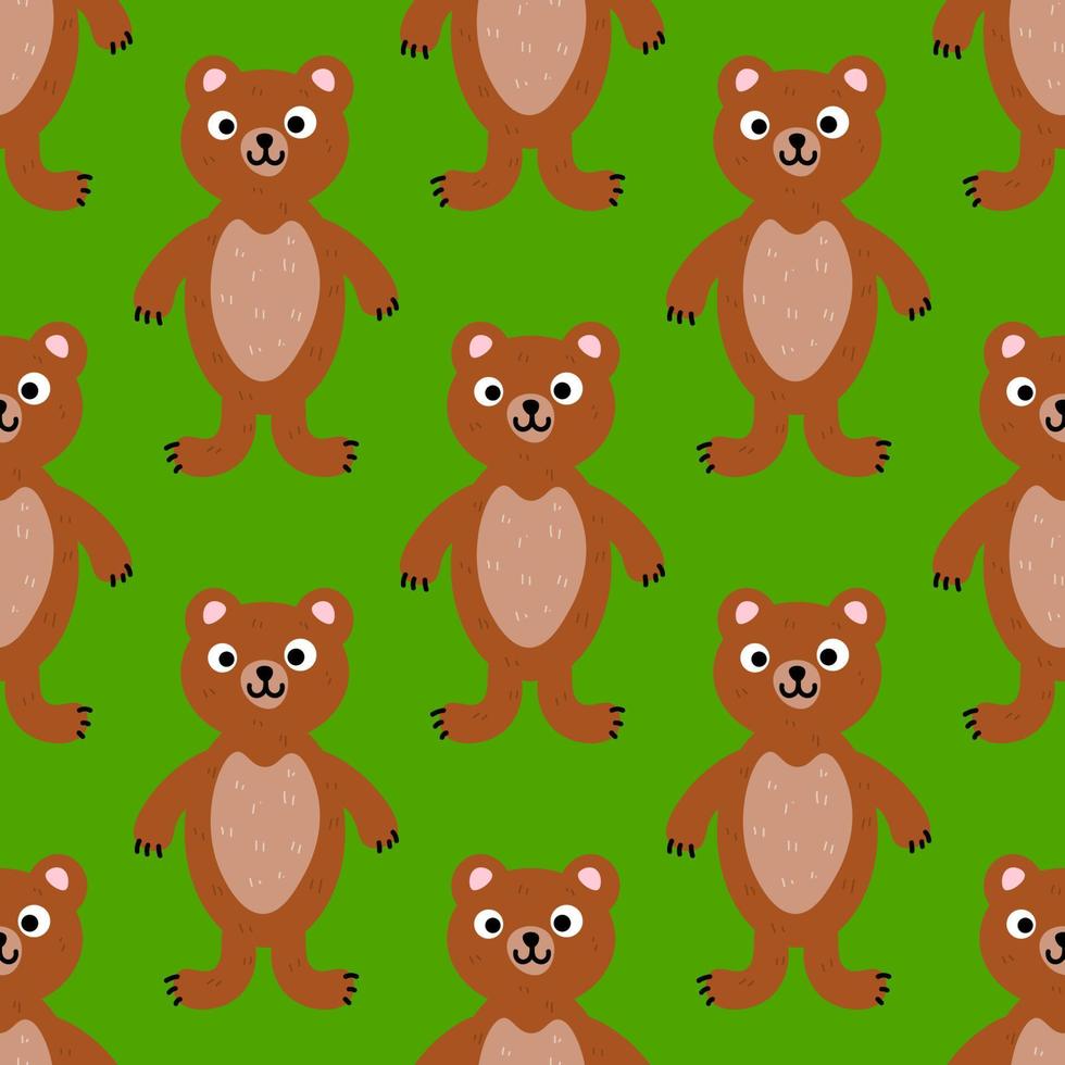 lindo oso de dibujos animados en un patrón sin costuras de estilo plano. fondo de animales del bosque. vector