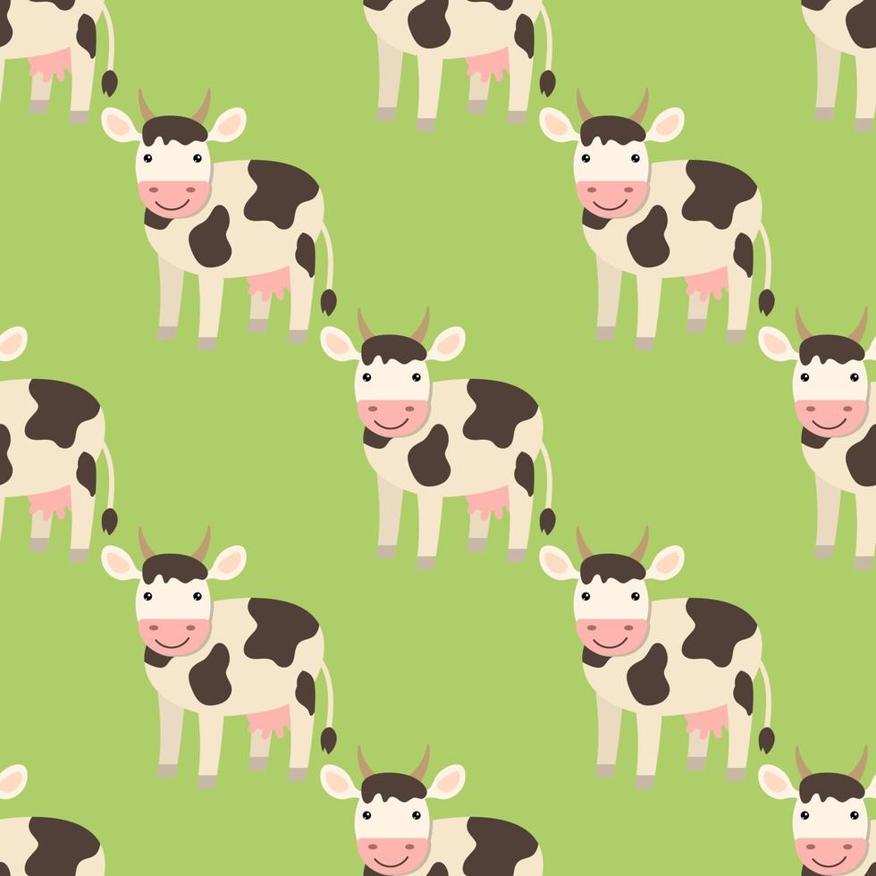 Linda vaca de dibujos animados en un patrón sin costuras de estilo plano. fondo de animales de granja. vector