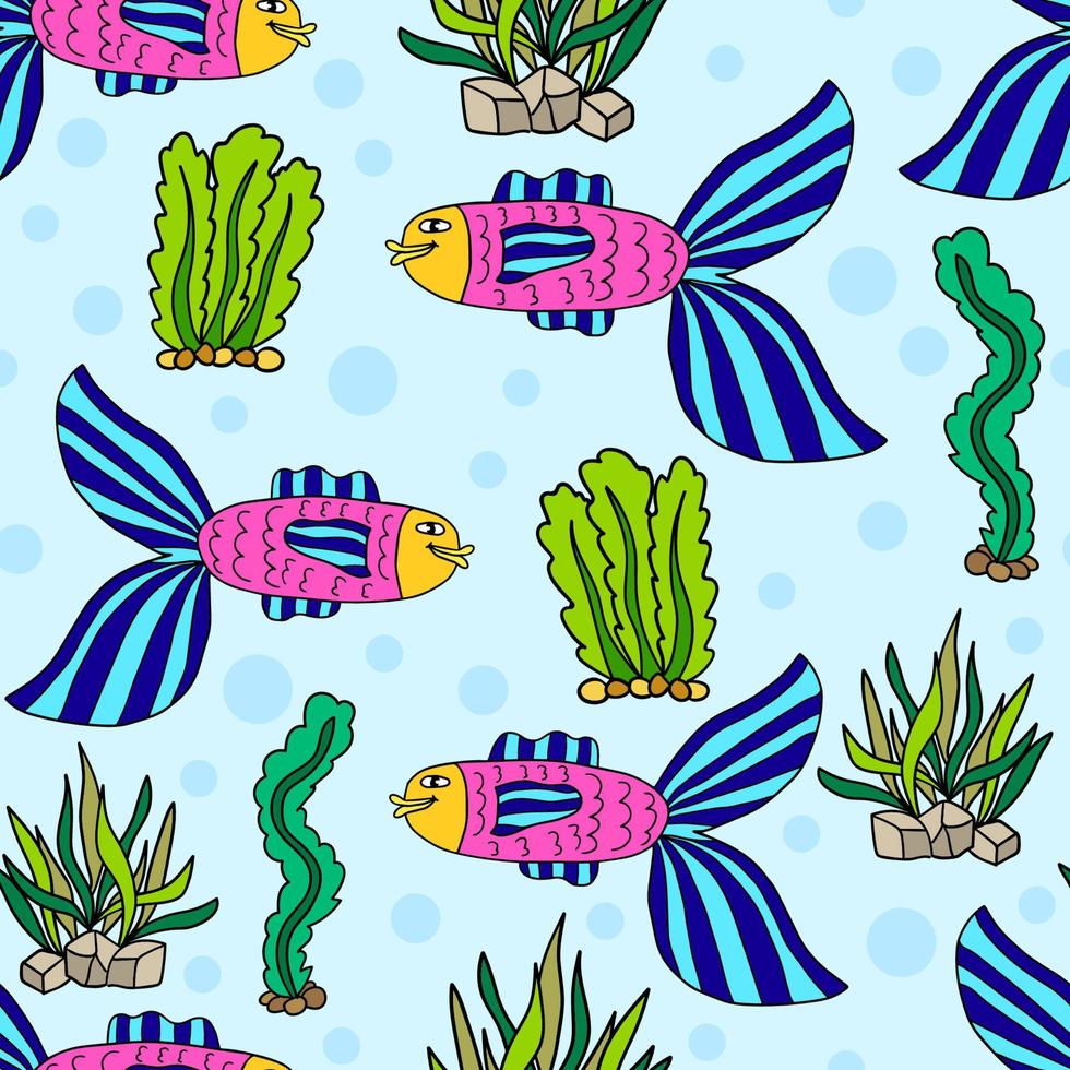 Cute colorful cartoon gold fish in doodle style seamless pattern. Tropical ocean life. Animal wrapping paper. vector