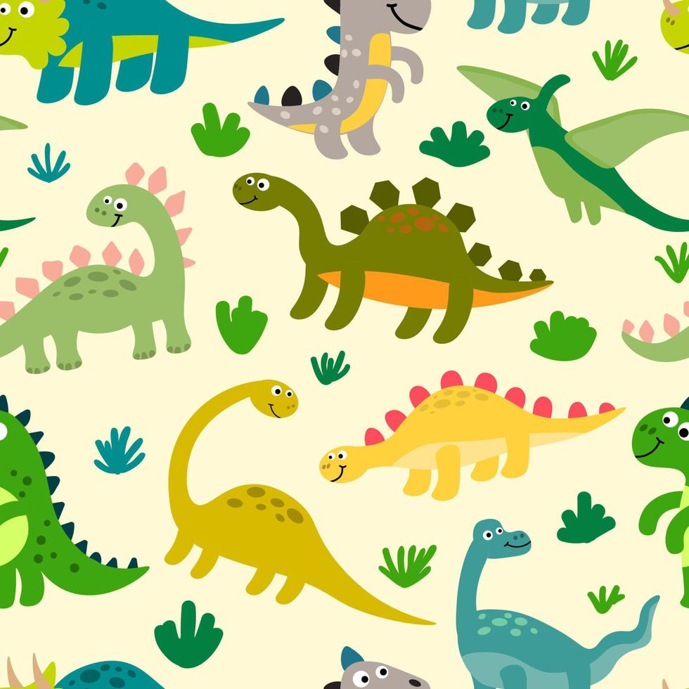 Cute dinosaurs seamless pattern in flat childlike style. Prehistoric world background. vector