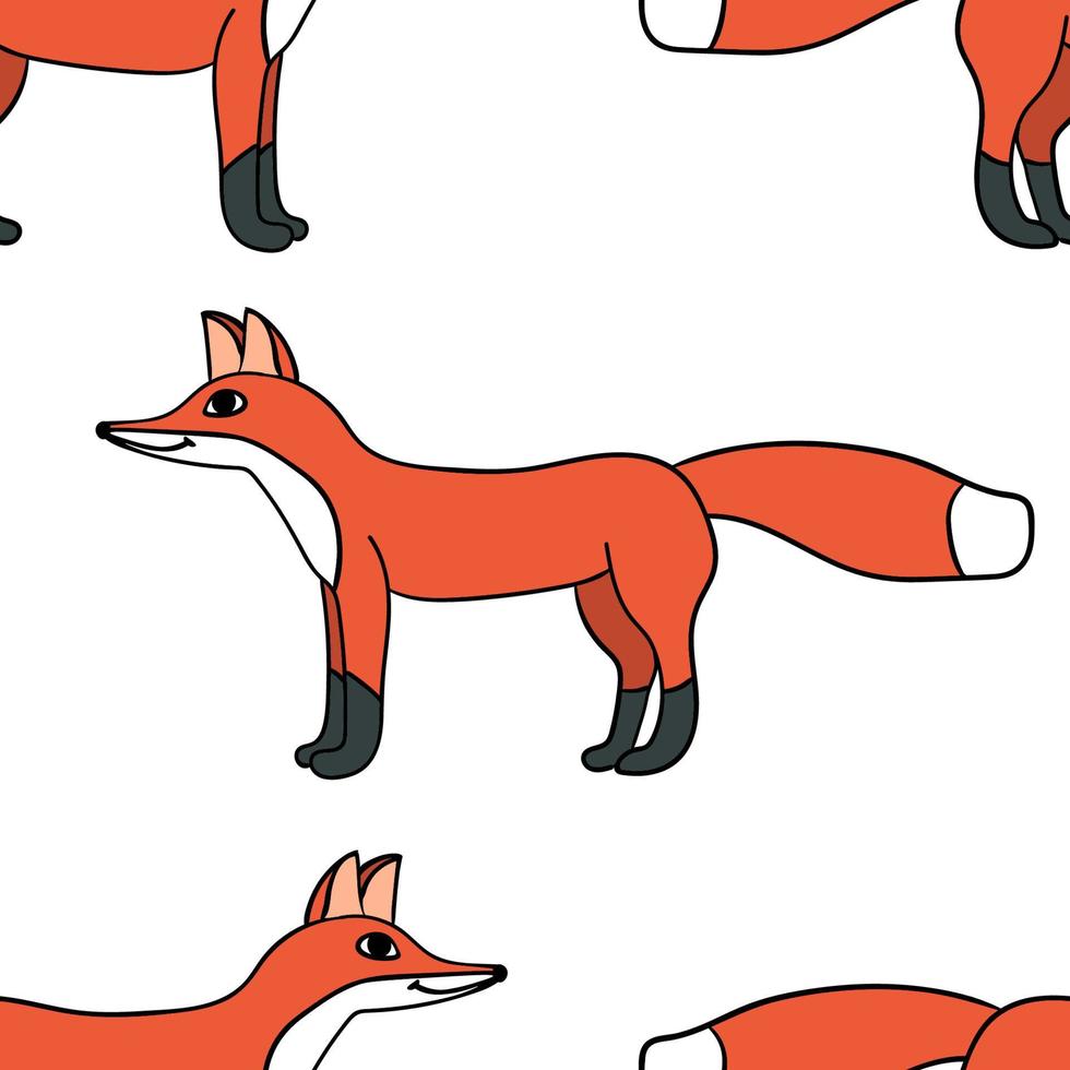 Seamless pattern with cartoon doodle linear fox isolated on background. vector