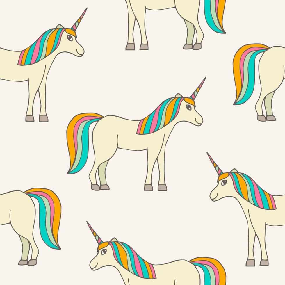 Cute colorful seamless pattern with hand drawn smiling unicorn in profile with thin line contour. vector