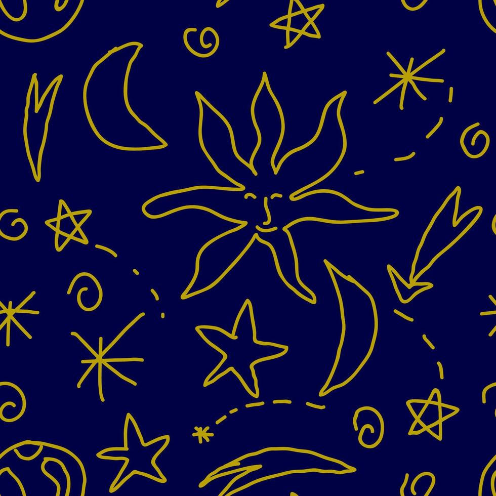 Cute doodle celestial seamless pattern with stars, sun, moon, swirls, planet. Cosmic magical infinity background. vector