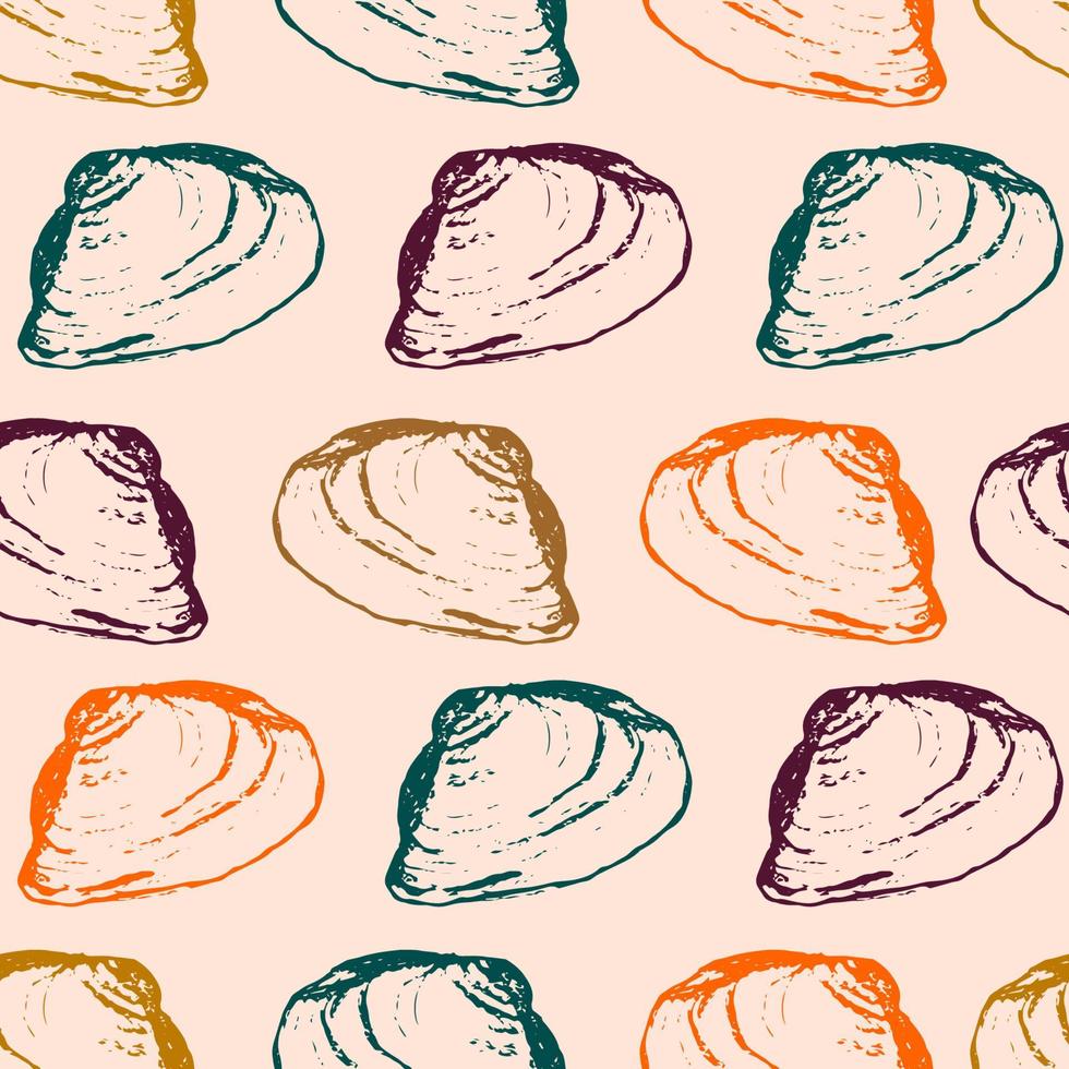 Hand drawn sketched sea shells in a horizontal rows seamless pattern on pastel pink background. vector