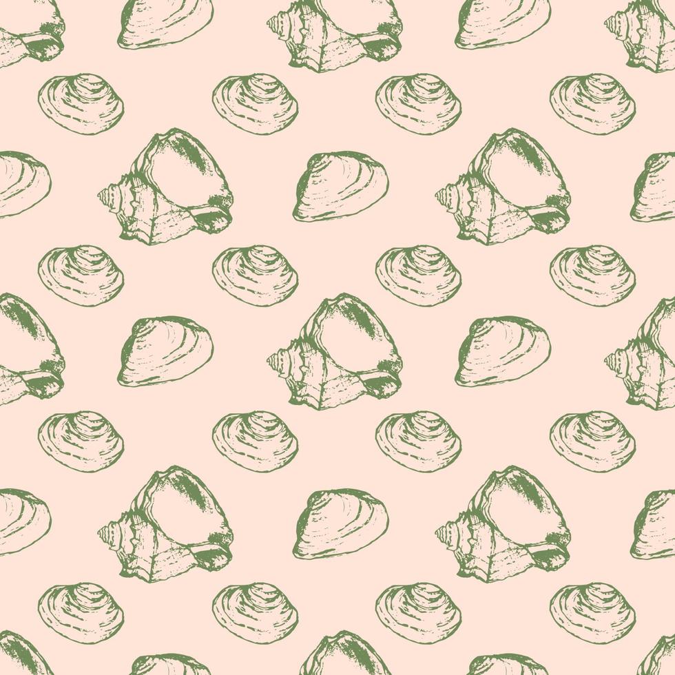 Hand drawn sketched sea shell seamless pattern on pastel pink background. vector