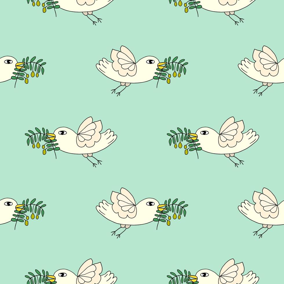 Cartoon doodle flying dove bird, pigeon with olive branch seamless pattern. Peace symbol background. doodle clip art seamless pattern vector
