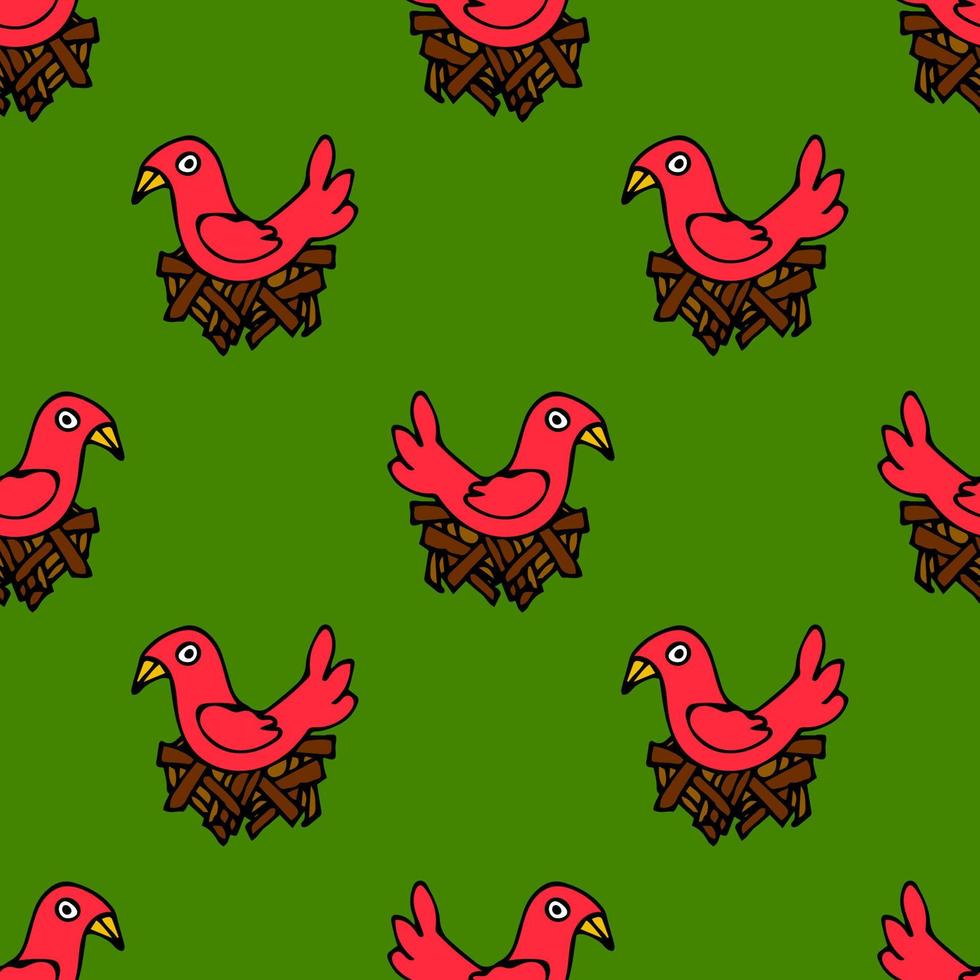 Seamless pattern with cartoon doodle bird in the nest. vector