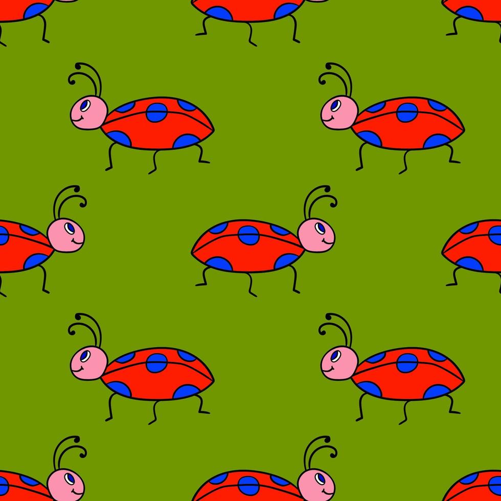 patrón sin costuras con dibujos animados doodle mariquita lineal, error. fondo de insectos. vector