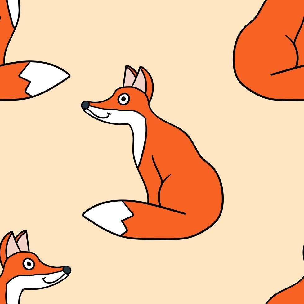 Seamless pattern with cartoon doodle linear fox isolated on background. vector