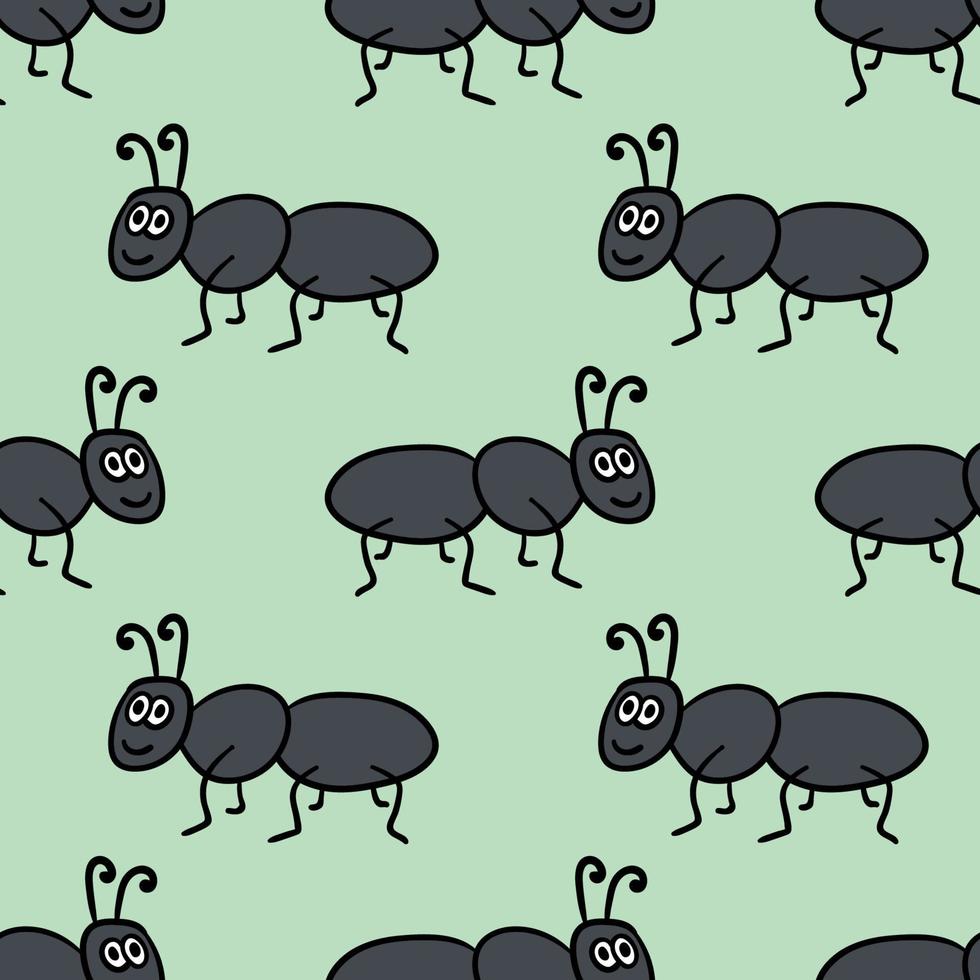 Seamless pattern with cute cartoon doodle linear ant isolated on background. vector