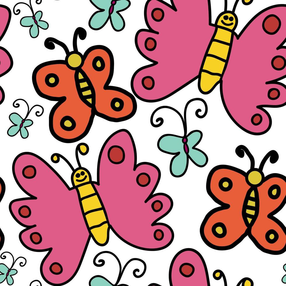 Cartoon doodle linear seamless pattern with butterflies isolated on white background. vector
