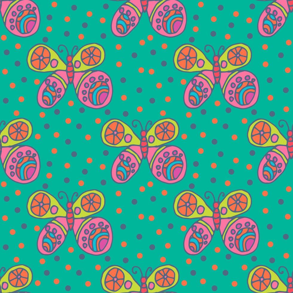 Repeating pattern with hand-drawn colorful butterflies and small circles around in children's style on green. Seamless festive abstract background, infinity wrapping paper. vector