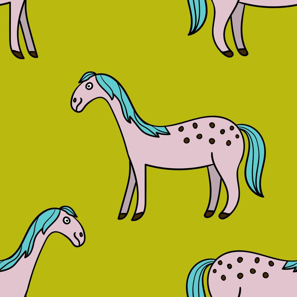 Cute colorful seamless pattern with hand drawn smiling horse with thin line contour isolated on green background. vector