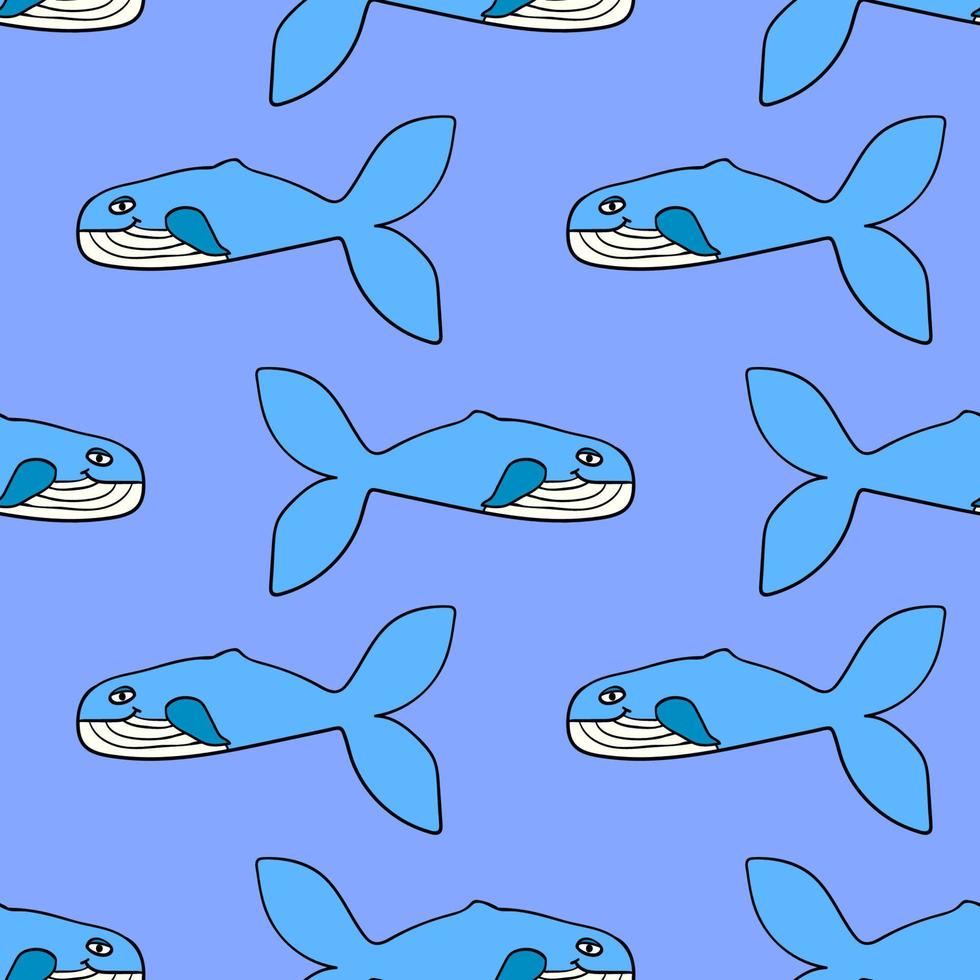 Seamless pattern with cartoon doodle happy whale. Ocean background. vector