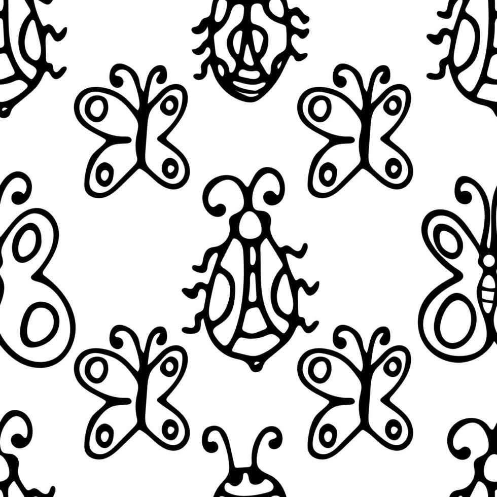Seamless pattern with hand drawn thin line doodle butterflies and bugs. Summer infinity background with cute black outline insects on white. Coloring book page vector