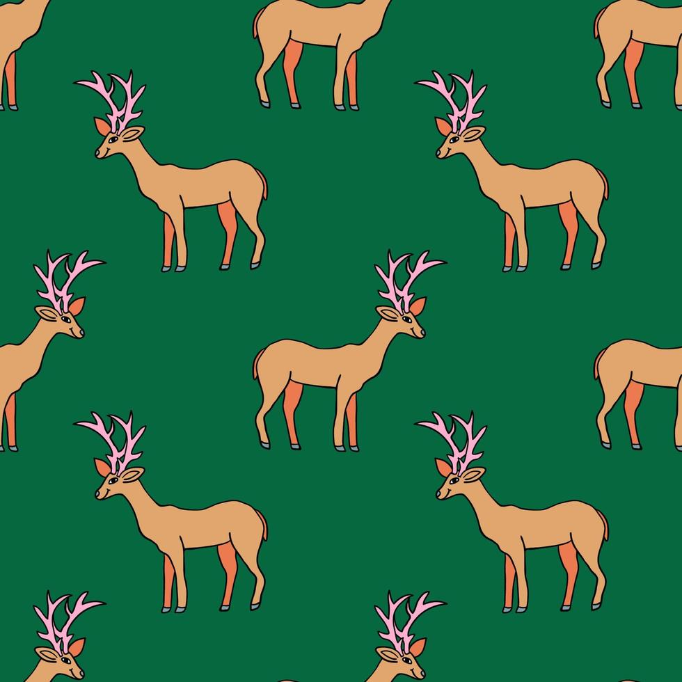 Cartoon doodle linear deer seamless pattern. Animal background. vector