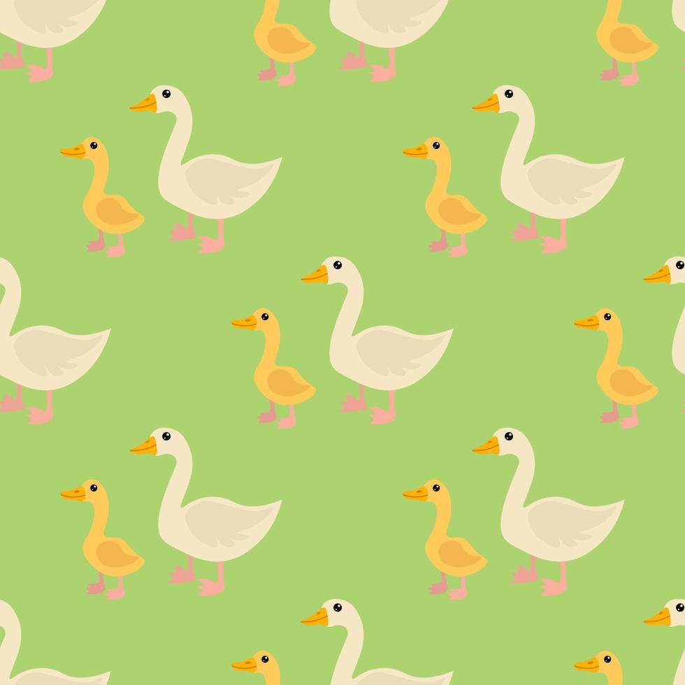 dibujos animados lindo ganso y gosling familia en patrones sin fisuras de estilo plano. fondo de animales de granja. vector