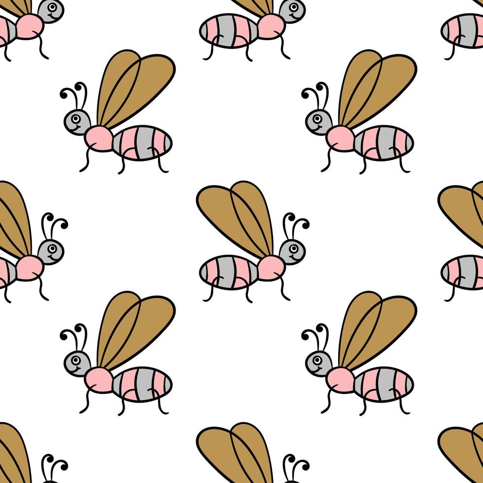 Seamless pattern with cartoon doodle linear midge, fly. Childlike insect background. vector