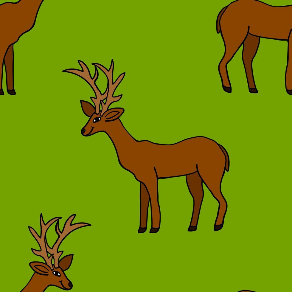 Cartoon doodle linear deer seamless pattern. Animal background. vector