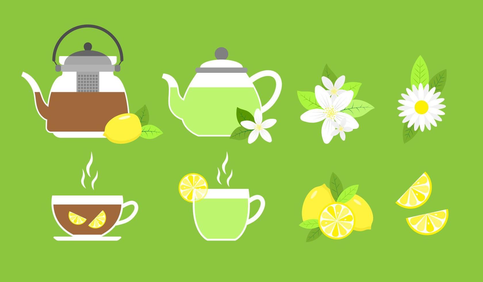 Glass tea elements collection with lemon, jasmine, chamomile. Vector illustration.