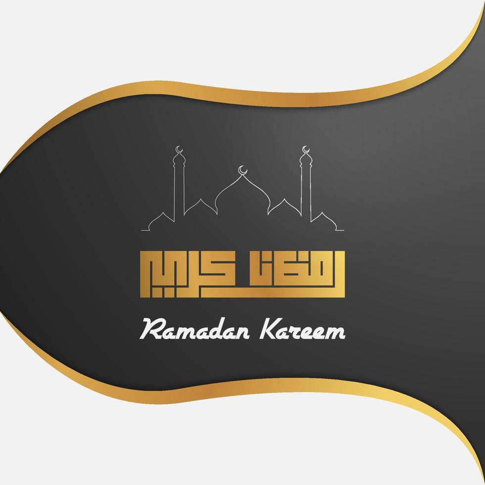 Ramadan Greeting with Ramadan Arabic Calligraphy in Kufi style mosque and Gold Geometric Line vector