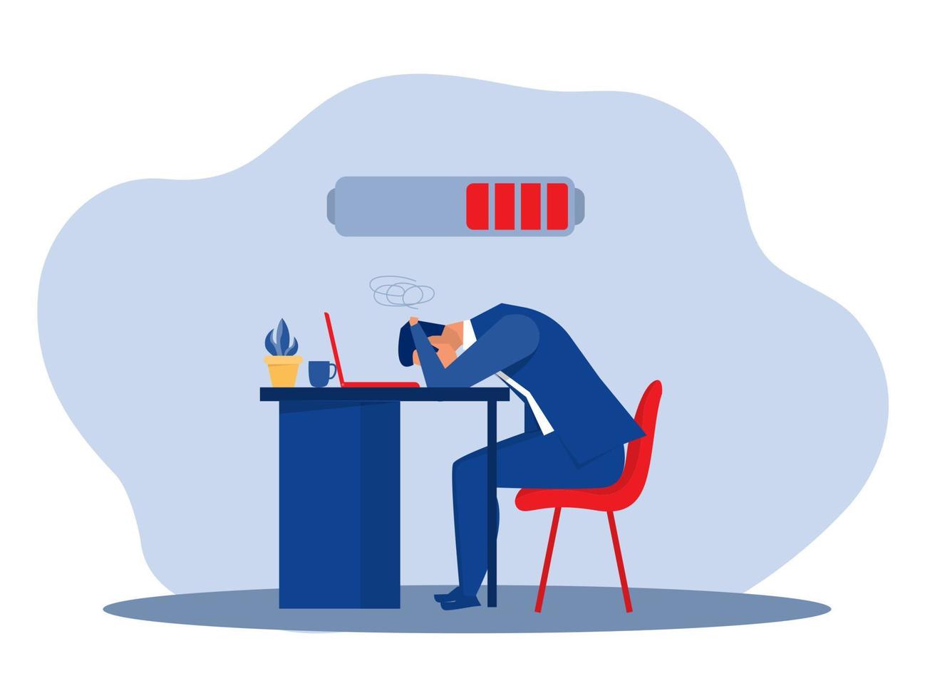 hombre gerente, oficinista triste aburrido sentado con la cabeza hacia abajo en la computadora portátil problemas de salud mental. ilustración vectorial en ilustración de estilo plano vector