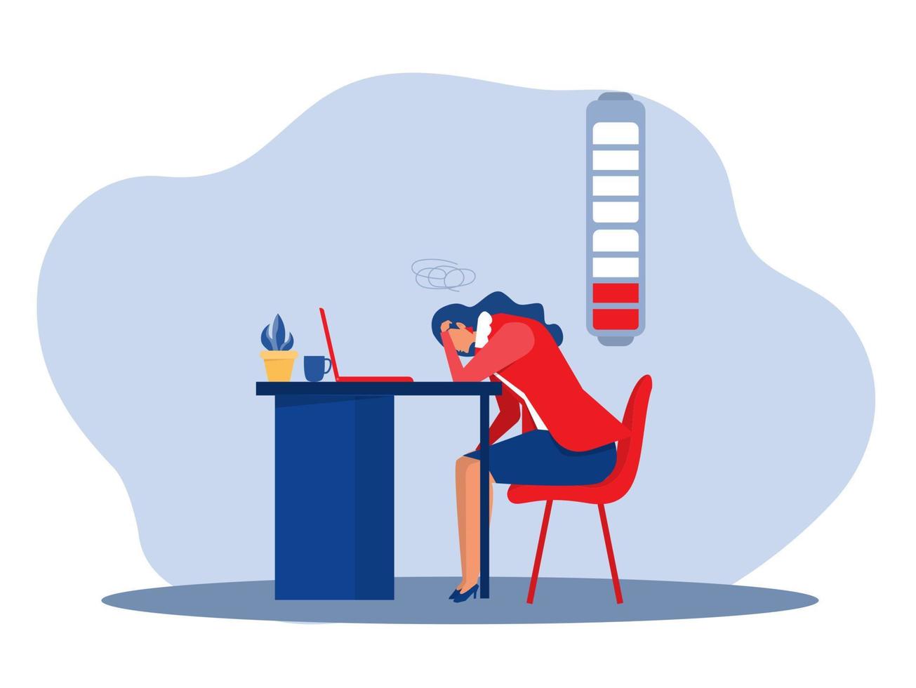 woman office syndrome , girl sad boring sitting with head down on laptop mental health problems. Vector illustration in flat style illustration