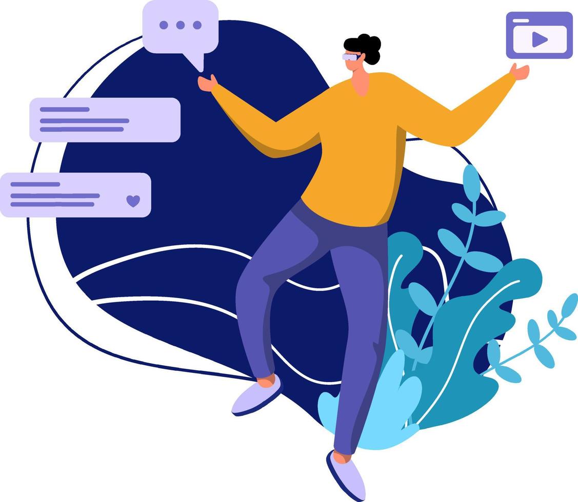 VR Social Media Flat Illustration Metaverse Virtual Reality concept, color dark blue, yellow, green minimal style, can be used for landing page, web, UI, banner, template, background, web development. vector