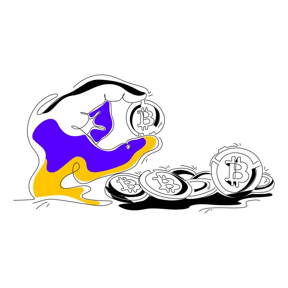 Crypto Coin Flat Illustration Metaverse Virtual Reality concept, color dark blue, yellow, black, hand drawn line style, can be used for landing page, web, UI, banner, web development vector