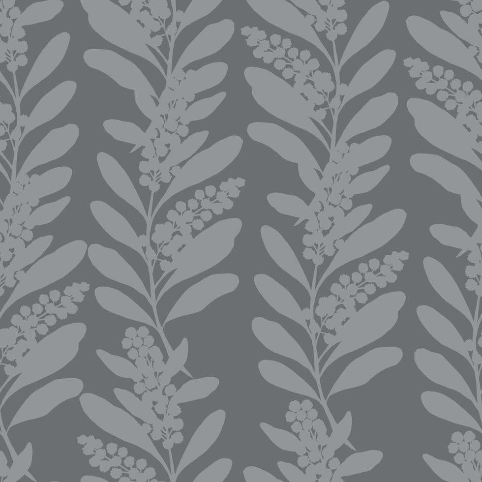 Vector seamless pattern with silhouettes of acacia flowering branch. Grayscale pattern