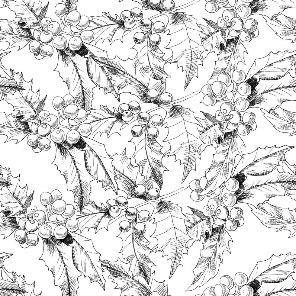 Seamless vector botanical pattern with hand-drawn holly branches. Spring leafy vintage floral background. Leaves and herbs. Background for textiles, fabrics, covers, wallpapers, print, wrapping gift