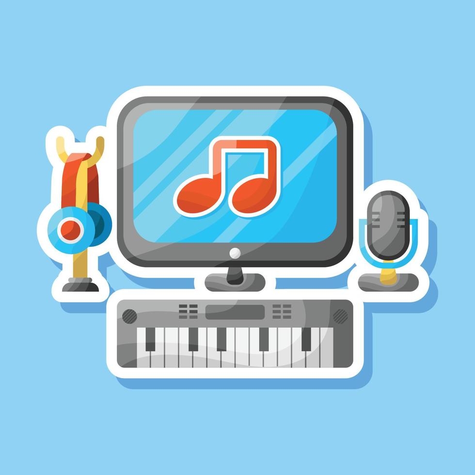 Music tool device with headphone, mic and keyboard illustration vector sticker