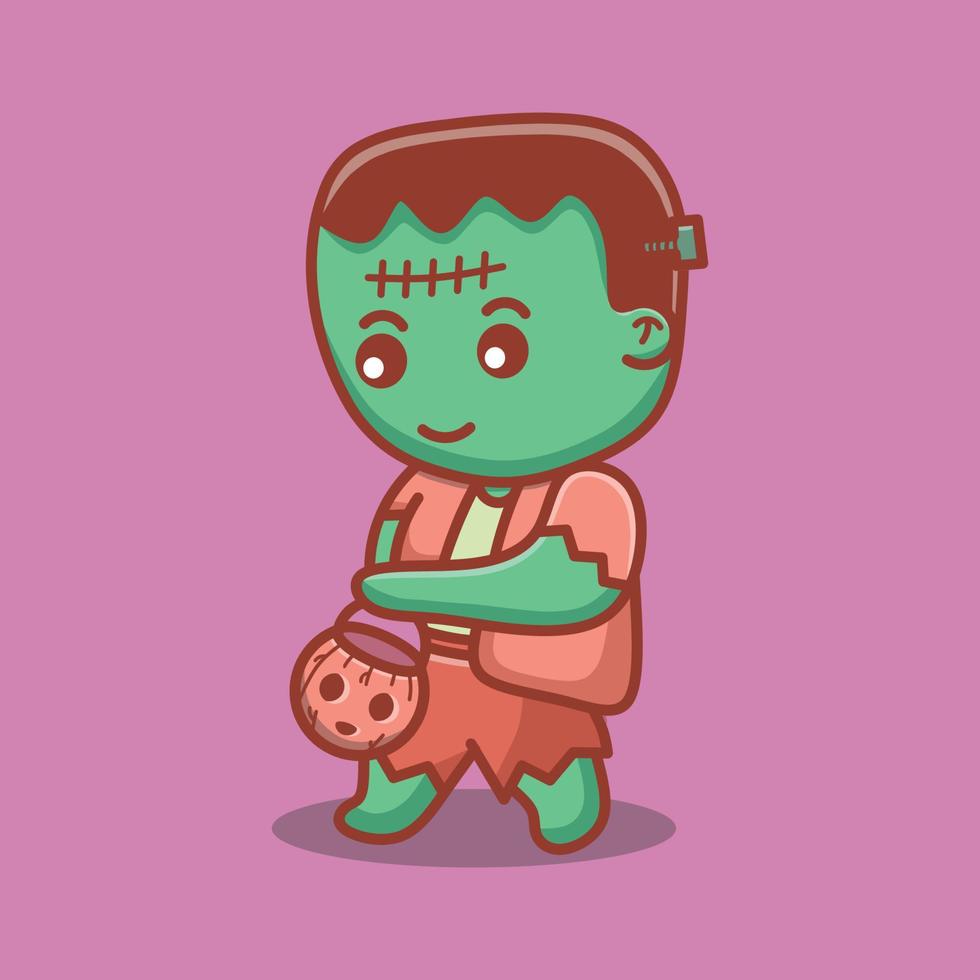 el lindo frankenstein trae la bolsa de calabaza para la ilustración de halloween vector