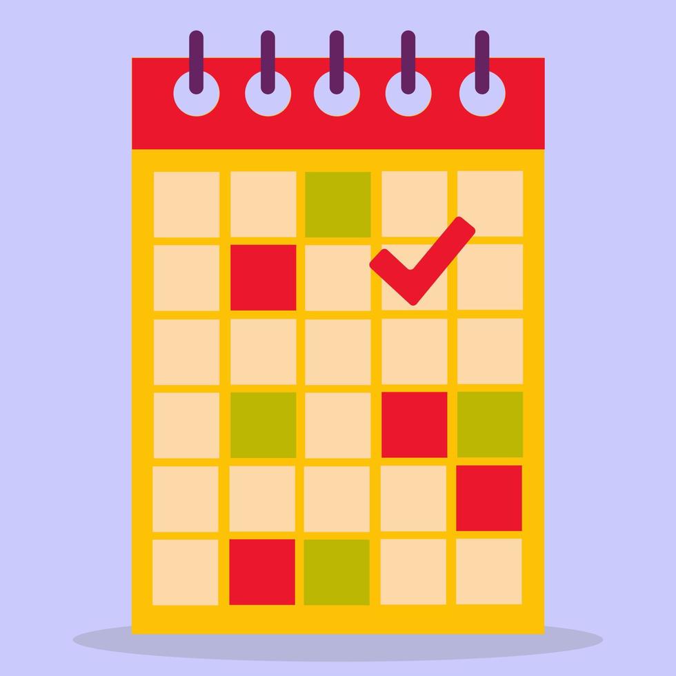 Vector calendar icon. Calendar icon and red check mark. Mark the date, weekend, holiday, important day. Design in a flat style.